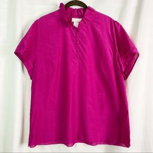 Soft Surroundings Fuchsia Pink Ruffle Collar Short Sleeve Blouse XL